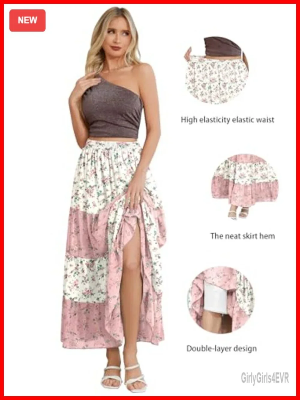 Women's Floral Chiffon Patchwork Boho Maxi Skirt High Waist Double Layer